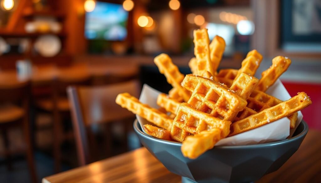 A close-up view of crispy waffle fries arranged in a stylish bowl on a wooden table. The fries are golden-brown, showcasing their unique crisscross pattern, with a light sprinkling of sea salt. In the background, a vibrant dining setting includes a subtle hint of a blurred restaurant atmosphere, featuring warm wooden tones and soft, ambient lighting that creates an inviting atmosphere. The image is captured from a slightly elevated angle, emphasizing the texture and shape of the fries while also allowing a glimpse of a small dish of dipping sauce beside them, adding to the appeal. The mood is casual and appetizing, perfect for showcasing a delicious side dish.