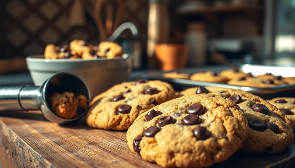A close-up view of freshly baked, thick chocolate chip cookies on a rustic wooden kitchen counter. The cookies have a golden-brown exterior with gooey, melty chocolate chips oozing out. In the foreground, a stainless steel cookie scoop rests next to a bowl filled with cookie dough, showcasing the process of scooping and shaping. The middle ground features a charming, warm kitchen setting with soft, natural light filtering through a nearby window, casting gentle shadows that enhance the texture of the cookies. A baking sheet is visible in the background, hinting at the baking process. The atmosphere is cozy and inviting, evoking the warmth of homemade baking.
