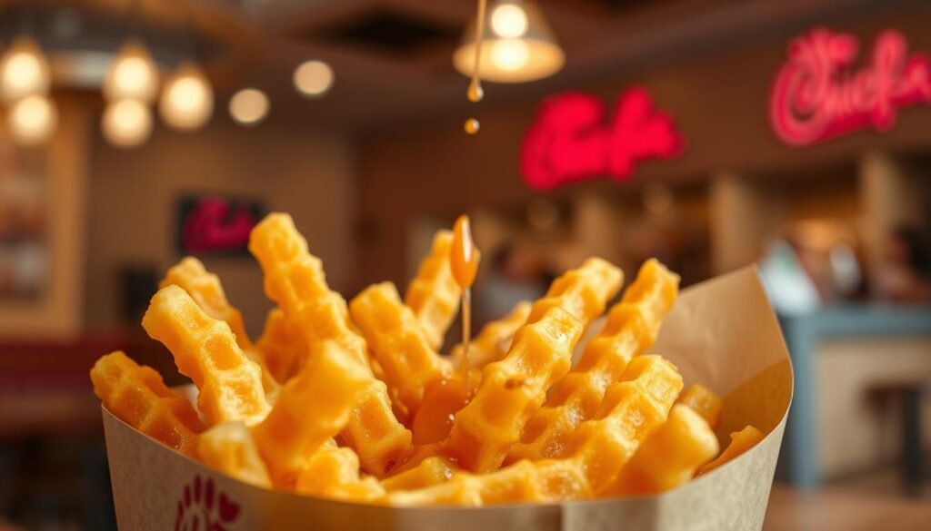 A close-up view of freshly cooked Chick-fil-A waffle fries in a paper bag, golden-brown and crispy, glistening with a light sheen of sauce for a deliciously enticing look. The scene captures the fries being gently shaken in the bag, causing the sauce to coat them evenly, creating a mouth-watering effect. In the background, a blurred restaurant interior with warm lighting creates a cozy fast-food atmosphere. The angle should be slightly tilted to emphasize the texture of the fries, with a focus on the contrasting colors of the crispy fries against the brown paper bag. The mood is playful and inviting, evoking a sense of indulgence and excitement for this unique fry experience. A close-up view of freshly cooked Chick-fil-A waffle fries in a paper bag, golden-brown and crispy, glistening with a light sheen of sauce for a deliciously enticing look. The scene captures the fries being gently shaken in the bag, causing the sauce to coat them evenly, creating a mouth-watering effect. In the background, a blurred restaurant interior with warm lighting creates a cozy fast-food atmosphere. The angle should be slightly tilted to emphasize the texture of the fries, with a focus on the contrasting colors of the crispy fries against the brown paper bag. The mood is playful and inviting, evoking a sense of indulgence and excitement for this unique fry experience.