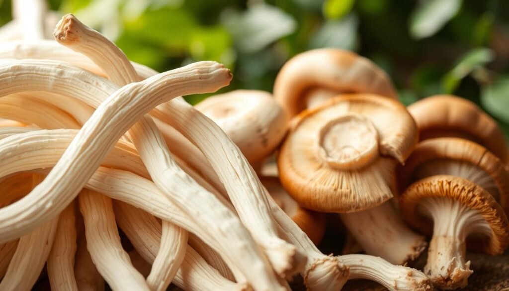 A close-up view of freshly harvested mushroom stems, displaying their unique textures and colors. The foreground focuses on a cluster of thick, white to light brown mushroom stems, showcasing their smooth surfaces and slight curves. In the middle ground, a few mushroom caps in various stages of preparation are positioned alongside, highlighting the difference between them and the stems, featuring earthy tones of cream and caramel. The background is softly blurred with hints of green foliage and light, creating a natural and inviting atmosphere. Soft, natural lighting illuminates the scene, emphasizing the delicate details of the stems. The overall mood is fresh, rustic, and appetizing, perfect for showcasing the beauty and preparation of mushrooms. A close-up view of freshly harvested mushroom stems, displaying their unique textures and colors. The foreground focuses on a cluster of thick, white to light brown mushroom stems, showcasing their smooth surfaces and slight curves. In the middle ground, a few mushroom caps in various stages of preparation are positioned alongside, highlighting the difference between them and the stems, featuring earthy tones of cream and caramel. The background is softly blurred with hints of green foliage and light, creating a natural and inviting atmosphere. Soft, natural lighting illuminates the scene, emphasizing the delicate details of the stems. The overall mood is fresh, rustic, and appetizing, perfect for showcasing the beauty and preparation of mushrooms.