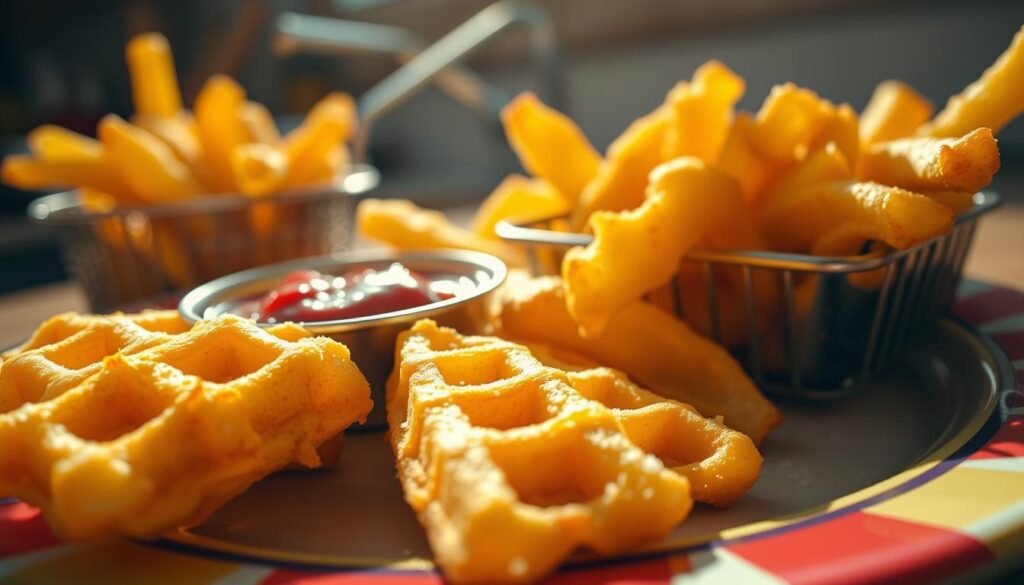 A close-up view of golden, crispy Chick-fil-A waffle potato fries, arranged artistically on a vibrant plate. The fries should showcase their unique waffle shapes, with texture details capturing their crispy exterior and soft interior. In the foreground, some fries are sprinkled with sea salt, glistening under natural sunlight that creates a warm and inviting atmosphere. In the middle ground, a dipping sauce, perhaps a classic ketchup or a tangy sauce, is elegantly positioned next to the fries. In the background, a soft-focus kitchen setting adds a cozy vibe, with hints of a frying basket and cooking utensils subtly visible. The scene should evoke a sense of deliciousness and comfort food appeal, highlighting the satisfying crunch and flavor of the fries.