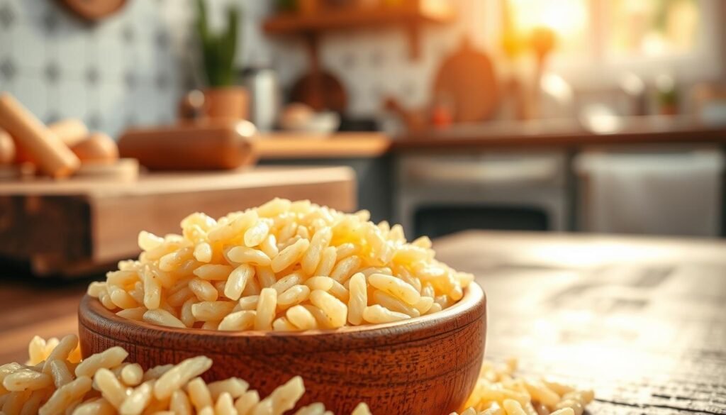 A close-up view of orzo rice, showcasing its unique texture and shape, with individual grains glistening under soft, natural sunlight. In the foreground, a small wooden bowl filled with orzo complements the visual, highlighting its rice-like appearance and smooth surface. The middle ground features a rustic wooden table that adds warmth to the scene, while a blurred background subtly hints at a beautiful kitchen setting, enhancing the homey atmosphere. The lighting is warm and inviting, casting gentle shadows that emphasize the contours of the orzo grains. This image conveys a sense of culinary warmth and comfort, perfect for illustrating the distinct texture of orzo rice. A close-up view of orzo rice, showcasing its unique texture and shape, with individual grains glistening under soft, natural sunlight. In the foreground, a small wooden bowl filled with orzo complements the visual, highlighting its rice-like appearance and smooth surface. The middle ground features a rustic wooden table that adds warmth to the scene, while a blurred background subtly hints at a beautiful kitchen setting, enhancing the homey atmosphere. The lighting is warm and inviting, casting gentle shadows that emphasize the contours of the orzo grains. This image conveys a sense of culinary warmth and comfort, perfect for illustrating the distinct texture of orzo rice.