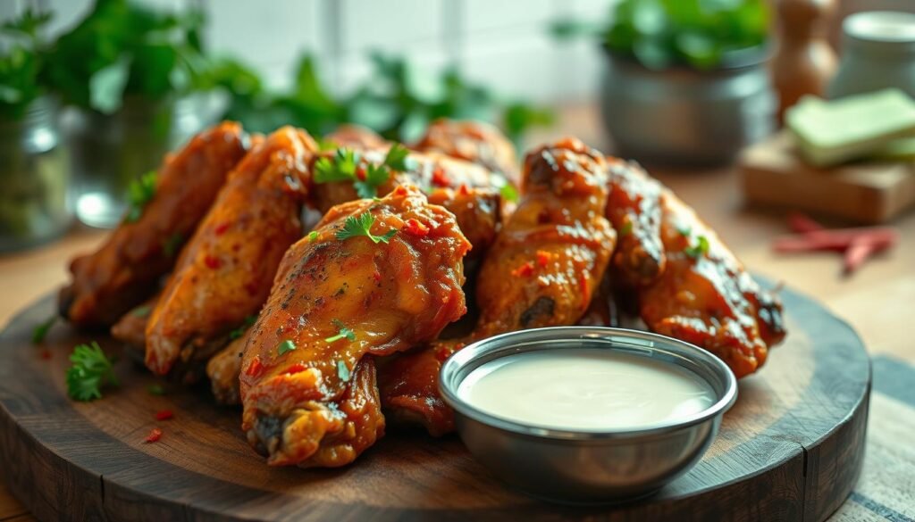 A close-up view of perfectly cooked chicken wings arranged on a rustic wooden platter. The wings are glistening with a golden-brown glaze, showcasing a variety of appetizing seasonings, including a sprinkle of fresh parsley and red pepper flakes. In the foreground, a small bowl of creamy dipping sauce complements the wings, adding a touch of contrast. Soft, diffused natural lighting highlights the texture of the crispy skin and juicy meat, creating a warm and inviting atmosphere. The background features a blurred kitchen setting with a hint of fresh herbs and spices, enhancing the culinary theme. The overall mood is mouth-watering and inviting, perfect for showcasing the flavors and experience of tasting these delicious wings.