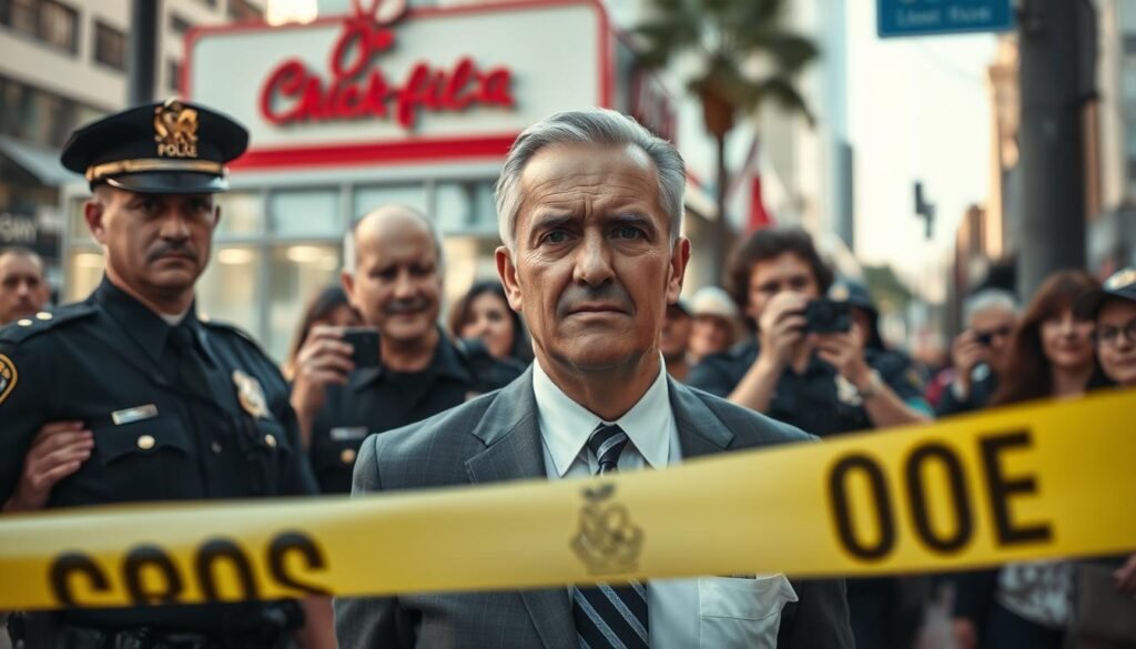 A concerned Chick-fil-A owner, dressed in professional business attire, stands handcuffed and flanked by police officers in a bustling city street. The owner has a perplexed expression, reflecting disbelief, while the officers maintain a serious demeanor. In the foreground, a yellow police tape cordons off the area, hinting at the scene of the arrest. In the middle ground, curious onlookers capture the event on their smartphones, showing a mix of shock and intrigue. The background features the recognizable Chick-fil-A restaurant with its trademark red and white color scheme, slightly blurred to keep the focus on the arrest. The lighting is dramatic, with a late afternoon sun casting long shadows, adding tension to the atmosphere. The image conveys a serious, engaging mood, emphasizing the unexpected nature of the arrest.