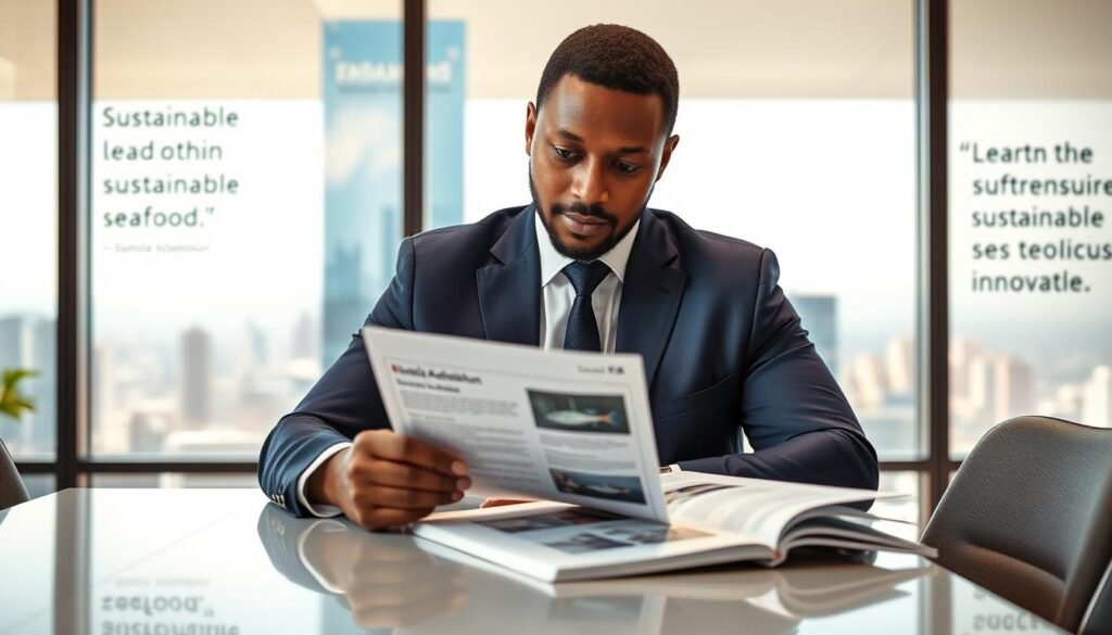 A confident business leader, Damola Adamolekun, sits at a sleek conference table in a modern office setting. He is dressed in a tailored navy suit and a crisp white shirt, showcasing a polished, professional appearance. In the foreground, focus on his thoughtful expression as he analyzes a strategic report on sustainable seafood practices. The middle ground features a large window with a view of a bustling cityscape under bright daylight, symbolizing growth and opportunity. In the background, motivational quotes about leadership and innovation are subtly displayed on the walls. The atmosphere is one of determination and hope, illuminated by warm, natural light that enhances the vibrant colors of the office decor. The camera angle captures a slight upward perspective, emphasizing the leadership role and vision of the CEO.