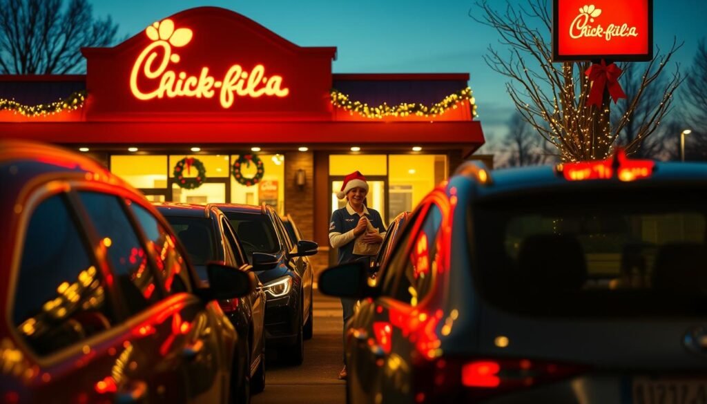 A cozy Chick-fil-A drive-thru on Christmas Eve, beautifully adorned with festive lights and decorations. In the foreground, a neatly arranged line of cars waiting to order, with warm golden light reflecting off their surfaces. In the middle ground, a friendly staff member in a branded polo and festive hat is handing a bag of food to a customer, creating a welcoming and cheerful atmosphere. In the background, the Chick-fil-A restaurant is illuminated with soft, inviting lighting, adorned with holiday wreaths and colorful ornaments. The scene is set in the evening twilight, with a soft blue sky transitioning to night, evoking a sense of warmth and holiday spirit. The overall mood is festive, capturing the essence of holiday joy and community, perfect for a Christmas Eve dining experience.