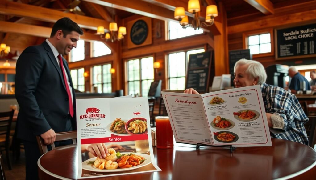 A cozy Red Lobster restaurant interior, featuring a wooden dining area with charming nautical decor. In the foreground, a well-presented table with the Red Lobster senior menu prominently displayed, showing enticing seafood dishes with a focus on shrimp and crab offerings. The middle ground reveals a waiter, dressed in smart business casual attire, engaging with an elderly couple who are happily reviewing the menu choices. In the background, large windows allow soft, warm natural light to filter in, creating a welcoming atmosphere. The wooden beams and marine-themed artwork add to the inviting environment, while subtle hints of pricing information on the chalkboard behind the cashier enhance the context of local deals. The scene captures a relaxed dining experience, emphasizing community and choice. A cozy Red Lobster restaurant interior, featuring a wooden dining area with charming nautical decor. In the foreground, a well-presented table with the Red Lobster senior menu prominently displayed, showing enticing seafood dishes with a focus on shrimp and crab offerings. The middle ground reveals a waiter, dressed in smart business casual attire, engaging with an elderly couple who are happily reviewing the menu choices. In the background, large windows allow soft, warm natural light to filter in, creating a welcoming atmosphere. The wooden beams and marine-themed artwork add to the inviting environment, while subtle hints of pricing information on the chalkboard behind the cashier enhance the context of local deals. The scene captures a relaxed dining experience, emphasizing community and choice.