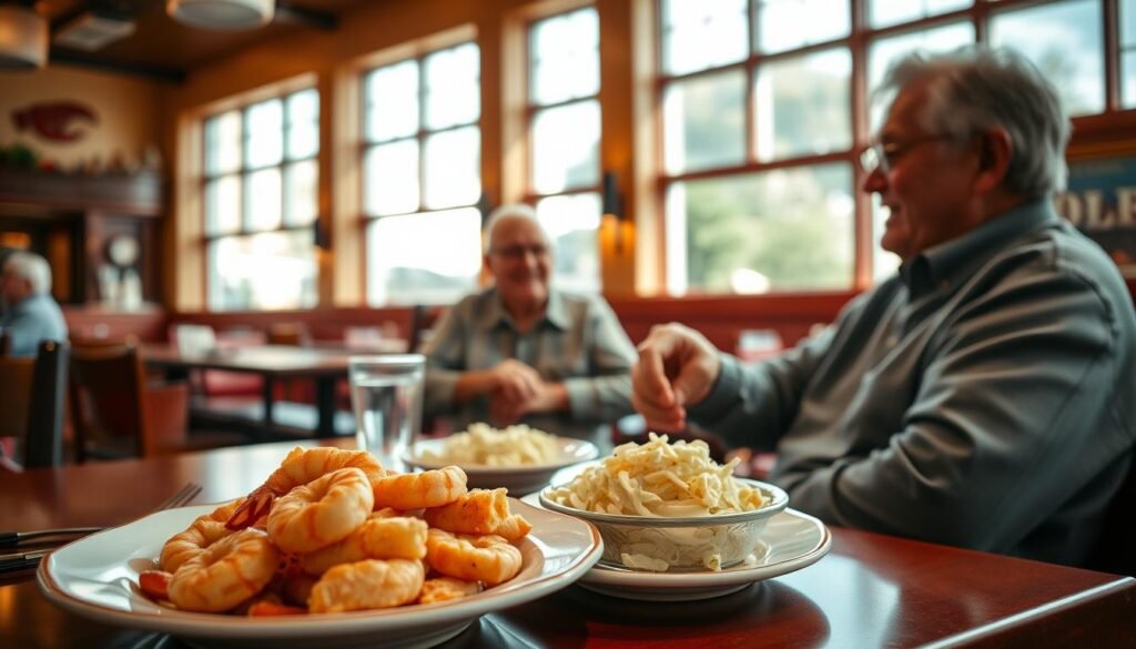 A cozy Red Lobster restaurant setting during lunchtime, focusing on a table elegantly set for two elderly patrons enjoying their meal. In the foreground, a beautifully plated seafood lunch special, featuring shrimp scampi and a side of creamy coleslaw. The middle ground captures two seniors in modest casual clothing, smiling and engaging in conversation over their meal, with a warm, inviting atmosphere. Soft natural lighting filters through the large windows, enhancing the colors of the dishes and creating a cheerful ambiance. In the background, subtle hints of nautical decor and warm wooden tones, typical of Red Lobster. The overall mood is friendly and vibrant, highlighting a sense of community and enjoyment of lunch deals at Red Lobster. A cozy Red Lobster restaurant setting during lunchtime, focusing on a table elegantly set for two elderly patrons enjoying their meal. In the foreground, a beautifully plated seafood lunch special, featuring shrimp scampi and a side of creamy coleslaw. The middle ground captures two seniors in modest casual clothing, smiling and engaging in conversation over their meal, with a warm, inviting atmosphere. Soft natural lighting filters through the large windows, enhancing the colors of the dishes and creating a cheerful ambiance. In the background, subtle hints of nautical decor and warm wooden tones, typical of Red Lobster. The overall mood is friendly and vibrant, highlighting a sense of community and enjoyment of lunch deals at Red Lobster.