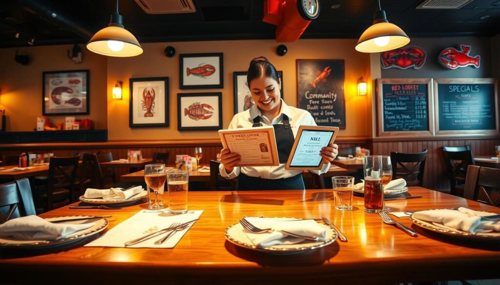 A cozy and inviting Red Lobster restaurant interior during evening hours, showcasing a beautifully arranged dining area. In the foreground, a wooden table set with a lobster-themed menu, elegant plates, and utensils, reflecting a warm, golden lighting from overhead lamps. In the middle, a friendly staff member in professional attire is checking a digital tablet, displaying the operating hours; they have a welcoming smile, adding to the atmosphere of hospitality and warmth. The background features a vibrant nautical decor, with framed fish and lobster art, and a chalkboard displaying specials and hours. The overall ambiance is inviting, emphasizing community and service, with soft-focus lighting that creates a friendly atmosphere ideal for dining.