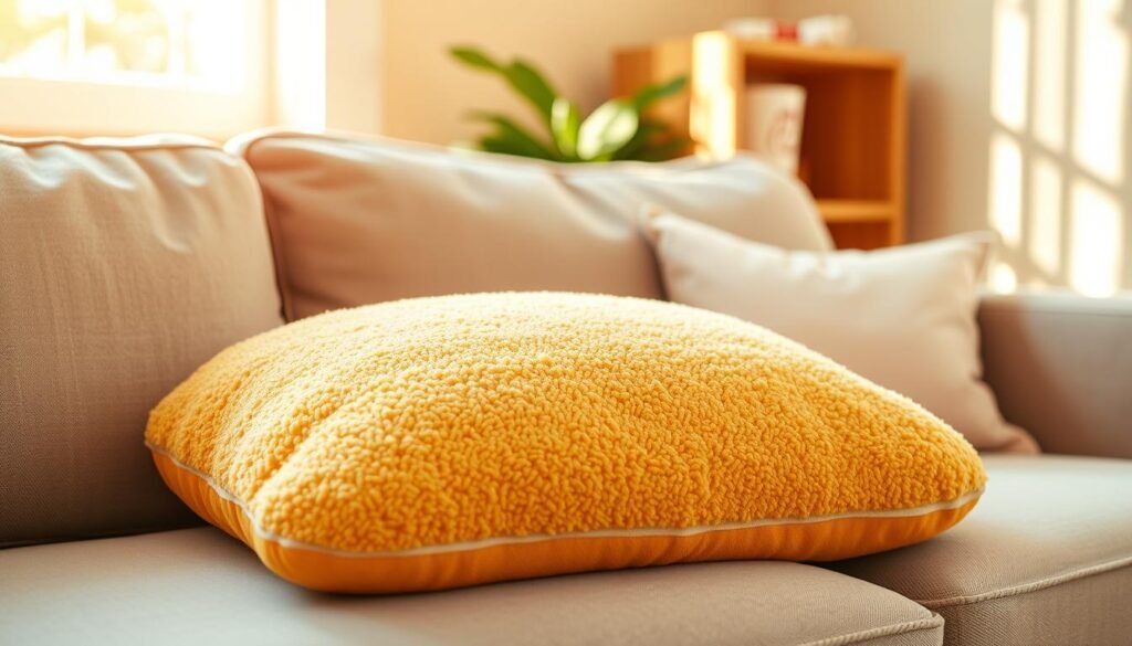 A cozy blanket nugget pillow designed in the shape of a chicken nugget, placed on a soft, neutral-toned sofa. The blanket features an adorable textured pattern reminiscent of a chicken nugget's crispy exterior, with vibrant colors that evoke a sense of fun and playfulness. In the foreground, the pillow is slightly tilted to showcase its plushness and inviting nature. The middle ground includes a few complementary items, such as a small Chick-fil-A cup and a miniature toy cow, enhancing the theme. The background is softly blurred, with warm, natural lighting streaming in from a nearby window, creating a cheerful, welcoming atmosphere in the scene. The overall mood is lighthearted and charming, perfect for showcasing unique merchandise.