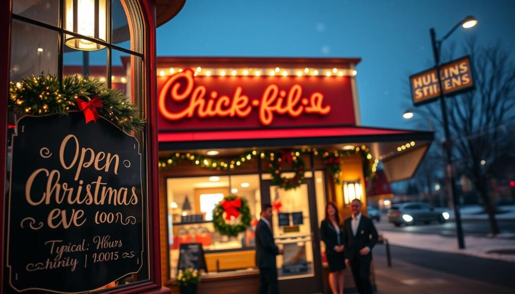 A cozy, festive Chick-fil-A restaurant on Christmas Eve, illuminated by warm, inviting lights. In the foreground, a decorative window displays a chalkboard announcing "Open Christmas Eve" with typical hours written in elegant script. The middle ground features the entrance, adorned with holiday wreaths and red ribbons, while cheerful staff in professional business attire greet customers with friendly smiles. The background showcases a snowy street scene, with soft snowflakes falling under a twilight sky. The ambiance is warm and welcoming, evoking a sense of community and holiday spirit. Capture this scene with a slightly blurred depth of field, using a wide-angle lens to emphasize the festive atmosphere and the inviting nature of the restaurant.