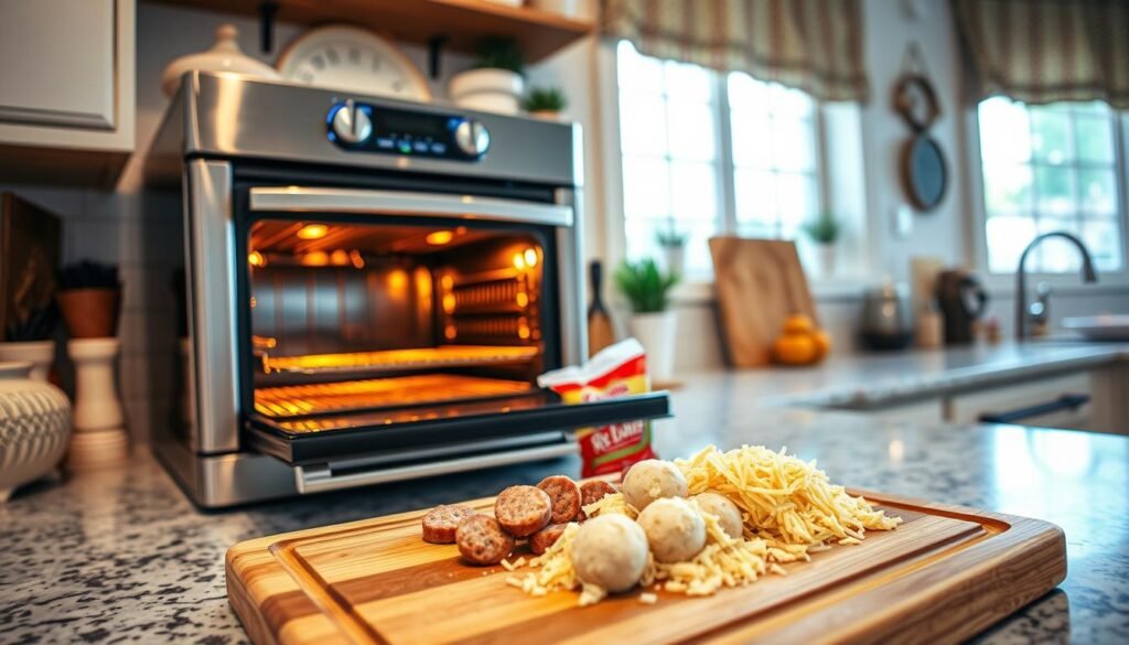 A cozy kitchen scene featuring a countertop with a modern, stainless steel oven prominently displayed, its door slightly ajar to reveal a warm glow inside, symbolizing the “preheat oven” action. In the foreground, a wooden cutting board displays a mix of uncooked sausage ball ingredients, including Red Lobster biscuit mix, sausage, and cheese, prepped and ready to combine. A bright window in the background allows soft, natural light to illuminate the space, creating a welcoming atmosphere. The setting conveys a sense of homey warmth, inviting users to engage in cooking, with decorative kitchen items subtly arranged around the scene. The camera angle is set at eye-level to provide an intimate perspective, emphasizing the preparation process.