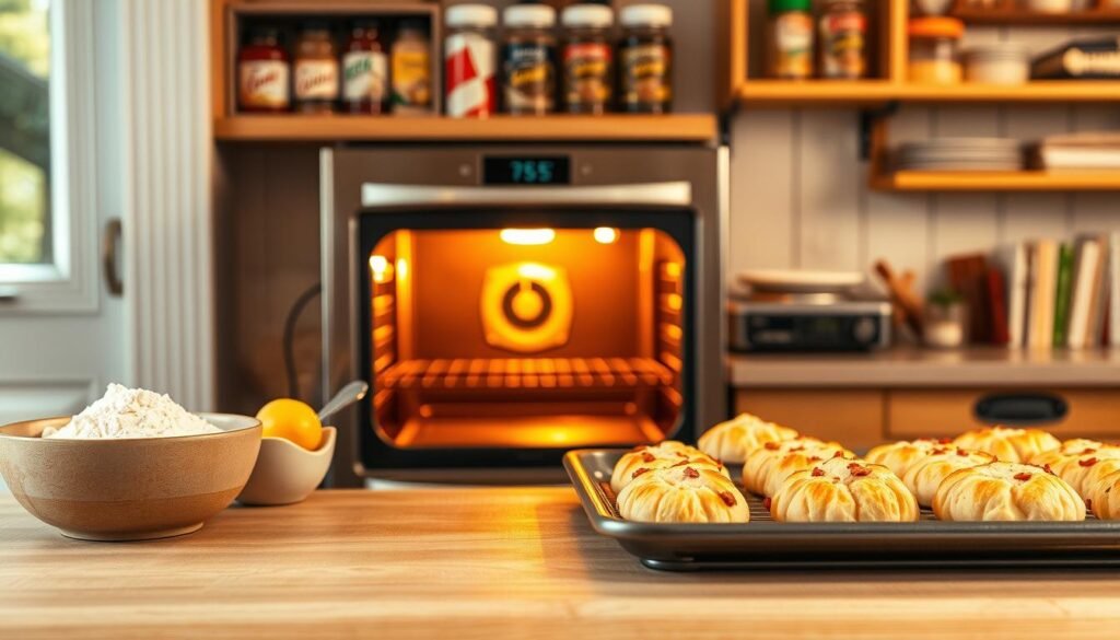 A cozy kitchen scene showcasing an oven with the temperature dial set to 375°F, symbolizing the act of preheating. The foreground features a lightly worn wooden countertop, with a bowl of flour and fresh ingredients for chicken pot pie artfully arranged nearby. In the middle ground, the oven, bathed in a warm golden light, emanates a soft glow, inviting and comforting. Fluffy red lobster biscuits cooling on a baking sheet can be seen next to the oven, hinting at the scrumptious meal preparation. The background consists of shelves adorned with colorful spices and cookbooks, adding a homely touch. The overall atmosphere is warm and inviting, filled with the anticipation of a delicious meal coming together. The image captures the essence of preparation with a nostalgic yet modern kitchen vibe, perfect for cooking enthusiasts.