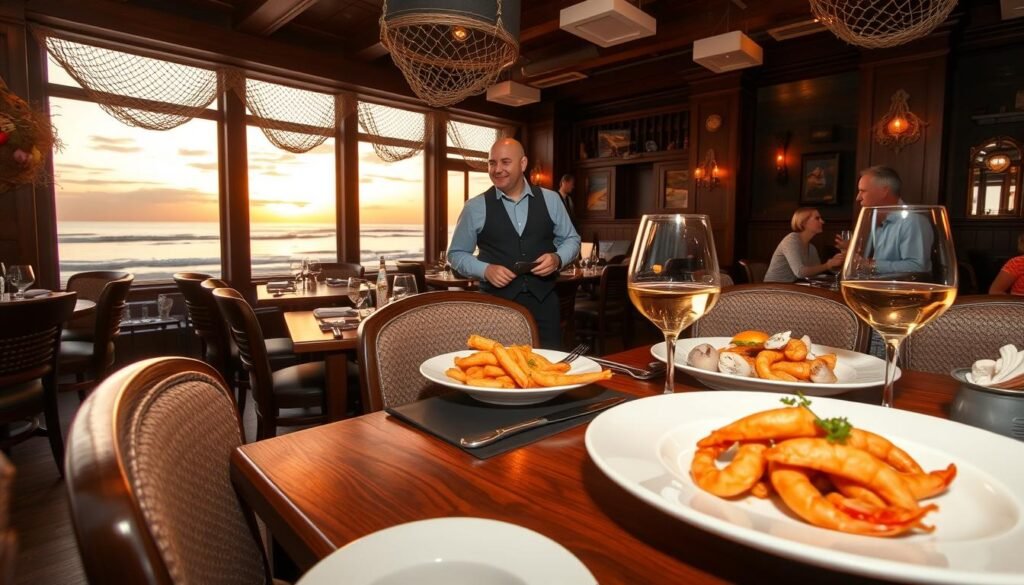 A cozy seafood restaurant interior featuring dark wooden furnishings and nautical decor. In the foreground, a beautifully set dining table with elegant white plates, fresh seafood platters, and a glass of chilled white wine. In the middle, warm, ambient lighting creates an inviting atmosphere, with a friendly waiter in smart casual attire serving customers. In the background, large windows showcase a view of the ocean at sunset, with gentle waves lapping against the shore, while subtle details like fishing nets and seashells enhance the maritime theme. The overall mood conveys warmth, comfort, and a sense of anticipation for a delightful dining experience. The scene is shot from a slightly elevated angle, providing a glimpse of the lively ambiance within the restaurant.