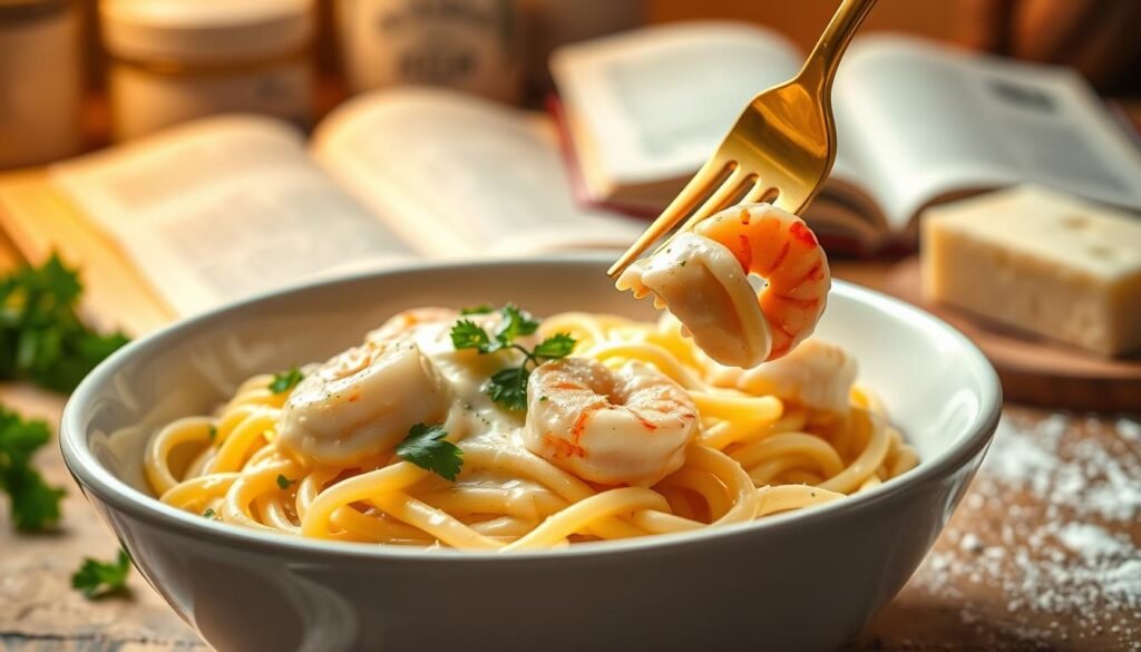 A creamy, rich Alfredo sauce elegantly swirled in a rustic white bowl, garnished with freshly chopped parsley, exuding a warm and inviting aroma. In the foreground, a golden fork is playfully twirled into the pasta, showcasing perfectly cooked shrimp nestled among linguini strands, glistening with sauce. The middle ground reveals a wooden cutting board, lightly dusted with flour, and a block of Parmesan cheese ready to be freshly grated. In the background, a softly blurred kitchen setting with warm, ambient lighting and an open cookbook, hinting at the culinary journey being embarked upon. The atmosphere conveys a cozy, homely feel, invoking the pleasure of recreating a restaurant favorite. Ideal for a close-up shot using a 50mm lens, capturing details in rich, warm tones.