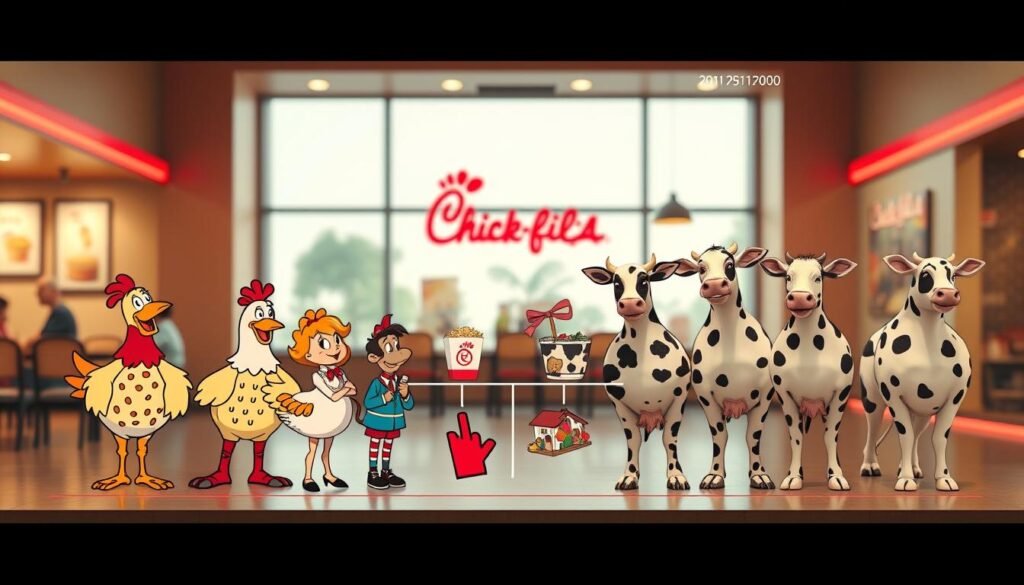 A creative timeline visual showcasing the evolution of the Chick-fil-A mascot, featuring key characters from Doodles, the original chicken mascot, to the beloved iconic cows. In the foreground, illustrate colorful, whimsical characters from different eras, with Doodles on one side evolving into the playful cows on the other. In the middle ground, integrate elements that highlight the timeline, such as dated markers and artistic representations of the mascots in distinctive styles. The background should depict a subtle, inviting restaurant environment, softly lit to create a cheerful atmosphere. Use a wide-angle lens effect to capture the entire scene while maintaining a vibrant color palette to convey excitement and nostalgia. This should be a family-friendly image, free of any text or branding elements, focusing purely on the evolution of the mascots.