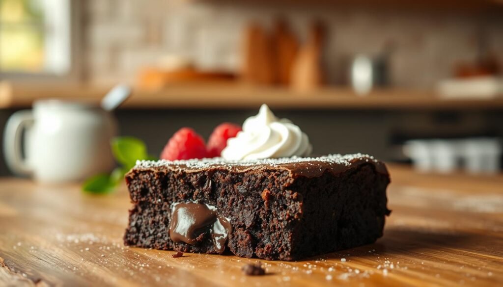 A decadent chocolate fudge brownie sits prominently in the foreground, its rich, glossy surface glistening with a hint of melted chocolate and dusted with a light sprinkle of powdered sugar. The brownie is placed on a rustic wooden table, showcasing its fudgy texture with some gooey chocolate oozing from the center. In the middle ground, there are a few fresh raspberries and a dollop of whipped cream artfully arranged, adding a pop of color. The background softly blurs out, featuring a cozy kitchen setting with warm, natural lighting that evokes a welcoming atmosphere. A shallow depth of field focuses attention on the brownie while creating a dreamy ambiance, inviting viewers to indulge in this delicious treat without feeling guilty about their diet.