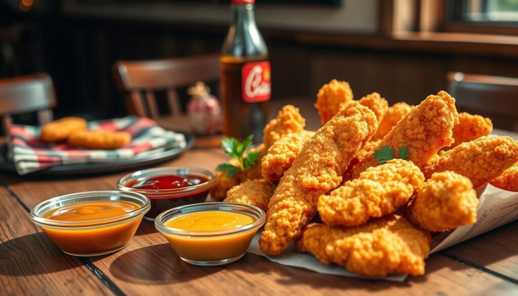 A delectable arrangement of Chick-fil-A chick-n-strips, perfectly golden-brown and crispy, placed on a rustic wooden table. In the foreground, a small bowl of signature dipping sauces—Honey Mustard, Barbecue, and Polynesian—are artistically arranged alongside the strips. The chick-n-strips are garnished with fresh parsley for color. In the middle background, a casual dining setup with soft-focus plaid napkins and a vintage soda bottle, accentuating a cozy, inviting atmosphere. Natural sunlight filters in, casting warm, soft shadows, creating a mouthwatering ambiance. There are no people present, ensuring the focus remains solely on the delicious food presentation. Aim for a close-up angle that highlights the texture and detail of the chicken, evoking a sense of flavor adventures ahead.