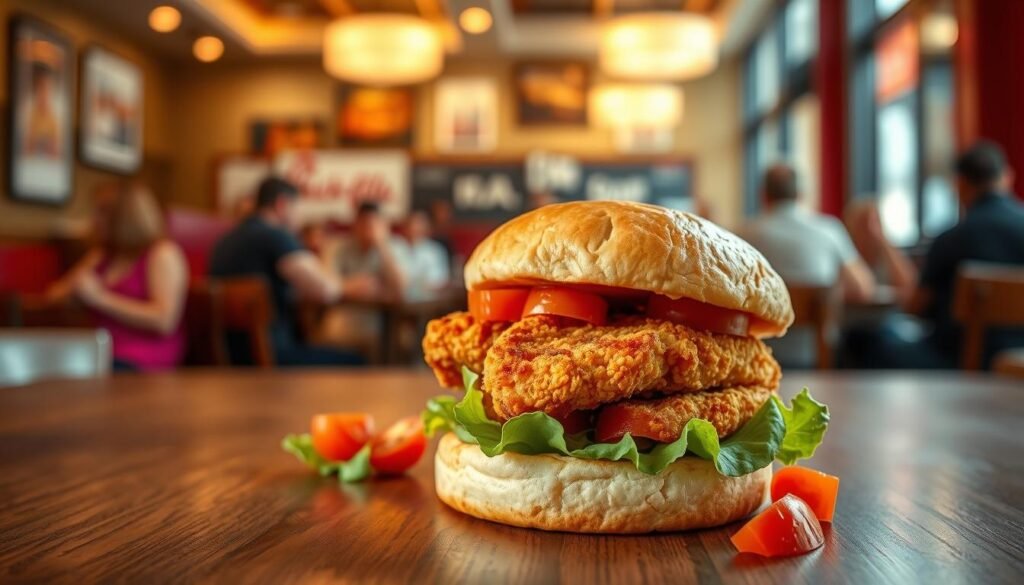A delicious Chick-fil-A chicken biscuit on a wooden table, capturing the golden-brown, flaky biscuit topped with a juicy, perfectly cooked chicken fillet, glistening with light. In the foreground, include fresh ingredients like lettuce and diced tomatoes arranged artfully around the biscuit, reflecting a wholesome meal. The middle ground features a soft-focus view of a friendly diner atmosphere, with warm, inviting lighting emanating from overhead fixtures. The background hints at a busy Chick-fil-A restaurant with blurred customers enjoying their meals, adding to the lively scene. Use soft natural lighting to evoke a cozy breakfast vibe. No text or logos should be visible in the image, focusing solely on the appetizing dish and its surroundings.