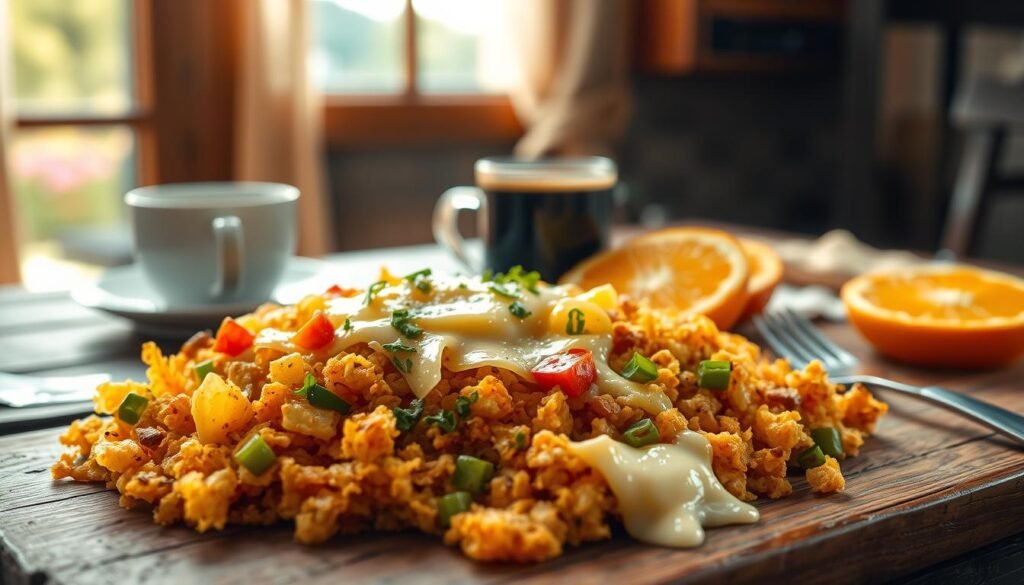 A delicious hash brown scramble on a rustic wooden breakfast table, beautifully arranged. In the foreground, a generous serving of crispy golden-brown hash browns, featuring diced bell peppers, onions, and fluffy scrambled eggs, garnished with fresh herbs. Silky melted cheese cascades over the top, adding richness. In the middle ground, a steaming cup of black coffee and a vibrant sliced orange complete the breakfast spread. The background showcases a cozy breakfast nook, bathed in soft morning light streaming through a nearby window. The warm, inviting atmosphere conveys a sense of comfort and satisfaction, perfect for a hearty morning meal. The focus is sharp on the food, with a slight blur in the background for depth, captured at a 45-degree angle for an appetizing perspective.