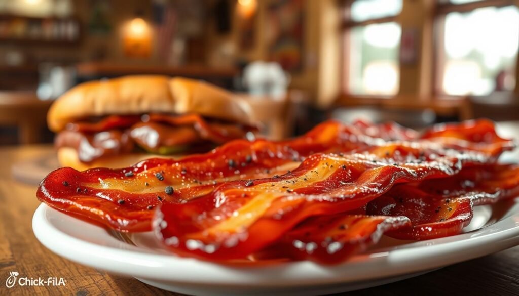 A delicious plate of golden-brown maple pepper bacon, glistening with savory juices, prominently displayed in the foreground. Each slice showcases the crispy texture, with flecks of black pepper and a glossy maple glaze highlighting the sweet and spicy flavor profile. In the middle ground, a rustic wooden table complements the dish, with a juicy Chick-fil-A sandwich partially visible, hinting at the bacon's perfect pairing. The background features a softly blurred, cozy diner setting, providing an inviting atmosphere. Warm, natural lighting casts a gentle glow, enhancing the rich colors of the bacon and sandwich. The overall mood is appetizing and comforting, inviting the viewer to experience the delightful taste test.