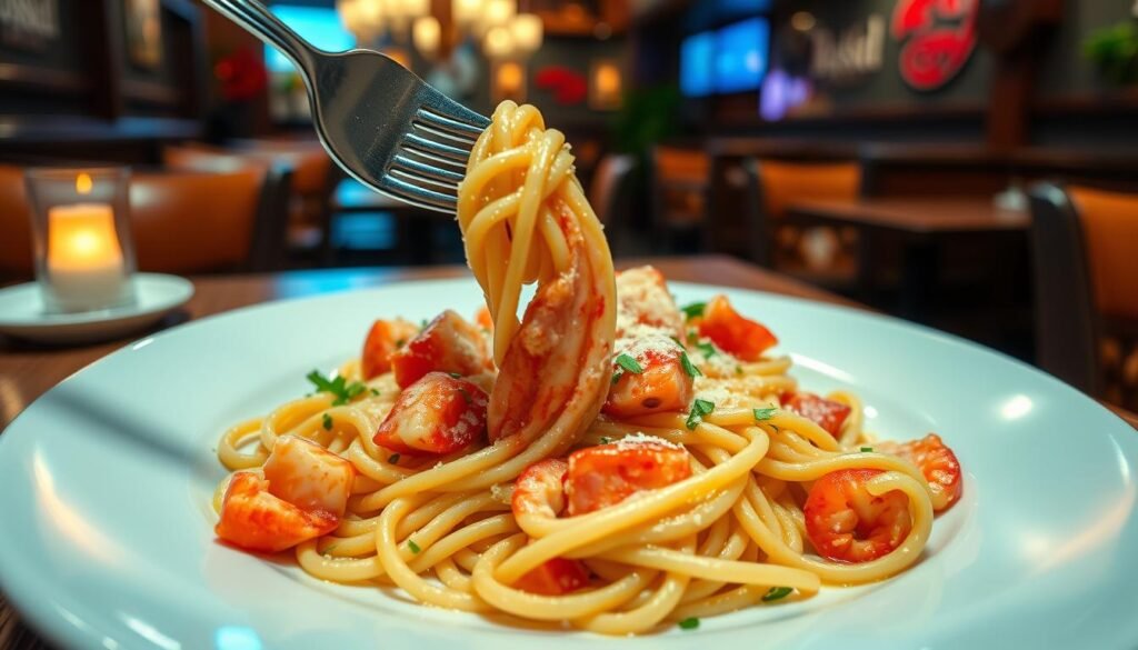 A delicious plate of lobster linguini, featuring succulent chunks of bright red lobster meat intertwined with fettuccine pasta, garnished with fresh parsley and a sprinkle of grated Parmesan cheese. The dish is elegantly presented on a polished white plate, with a hint of olive oil glistening on the pasta. In the foreground, a fork is poised to twirl the linguini, showcasing the rich, creamy garlic sauce. The middle ground features a rustic wooden table, with a subtle wood grain texture that adds warmth. In the background, there's a soft-focus view of an inviting Red Lobster restaurant interior, with low, ambient lighting creating a cozy, intimate atmosphere. Aim for a slightly overhead angle to capture the dish’s full vibrancy and detail. The mood should evoke a sense of indulgence and culinary delight.