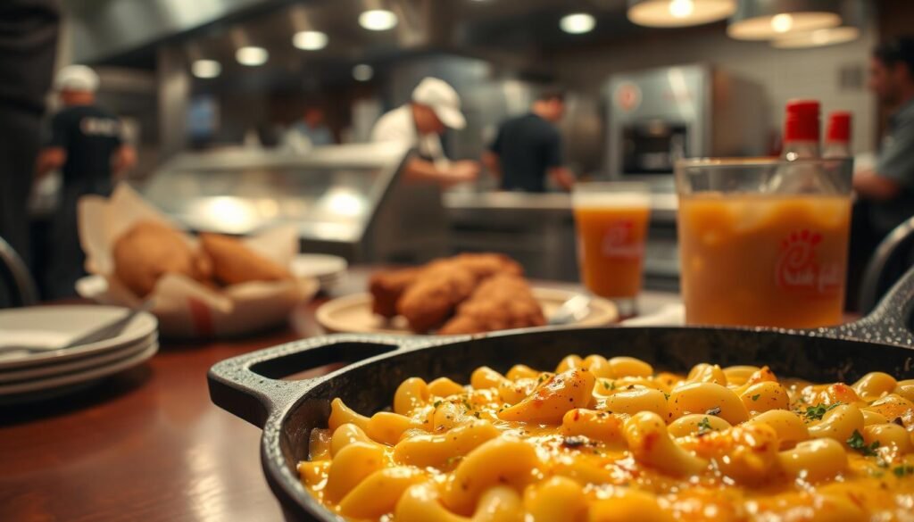 A delicious, steaming serving of baked mac and cheese in a rustic cast iron skillet, showcasing a golden-brown, crispy top layer with bubbling cheese. In the foreground, a close-up view captures the creamy pasta coated in a rich, cheesy sauce, with hints of black pepper and a sprinkle of parsley for garnish. The middle ground features a wooden table setting, with a side dish of crispy fried chicken and a soft drink in an inviting diner atmosphere. A softly lit background highlights a busy Chick-fil-A kitchen, with chefs expertly preparing meals and a welcoming ambiance. The mood conveys comfort and indulgence, perfect for illustrating restaurant preparation techniques. The image is captured from a slightly elevated angle, emphasizing the texture and appeal of the mac and cheese while maintaining clarity and focus throughout.