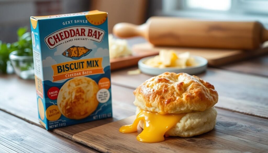 A deliciously styled package of Cheddar Bay Biscuit Mix prominently displayed in the foreground, with the box featuring a vibrant design that highlights the iconic cheddar color and sea-inspired motifs. The middle ground showcases a freshly baked, golden-brown biscuit, flaky and buttery, with melting cheese oozing out, placed on a rustic wooden table. In the background, soft-focus ingredients like fresh herbs, a bowl of shredded cheese, and a rolling pin hint at the cooking process, creating a warm and inviting atmosphere. The lighting is bright and natural, emulating a cozy kitchen setting, while the overall composition conveys a sense of comfort and home-cooking warmth. The image captures the inviting essence of using the mix in a flavorful recipe.