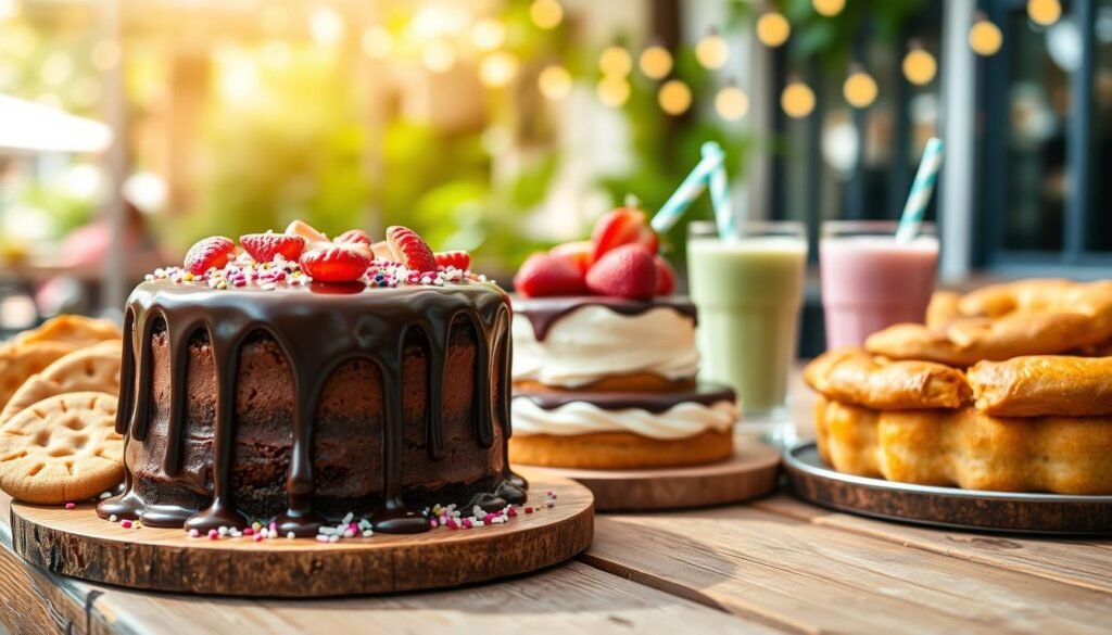 A delightful assortment of desserts artfully arranged on a rustic wooden table. In the foreground, a rich chocolate cake with glossy ganache drips and delicate sprinkles, flanked by buttery cookies and warm apple pie. The middle features a creamy cheesecake topped with fresh strawberries, surrounded by mini milkshakes in colorful glasses. In the background, soft bokeh of a sunny outdoor café setting with greenery and fairy lights, creating a cozy atmosphere. Natural sunlight streaming in, highlighting the textures and colors of the desserts. Captured with a shallow depth of field to emphasize the delectable treats while keeping the surrounding soft and inviting, evoking a sense of warmth and indulgence.