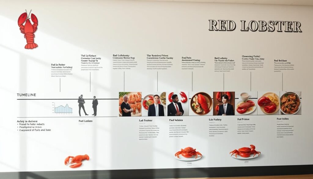 A detailed business timeline illustrating Red Lobster’s journey in the seafood industry, emphasizing ownership transitions, private equity involvement, and leadership changes. In the foreground, represent a sleek timeline with key milestones marked by elegant icons, like a lobster for Red Lobster’s founding, graphs symbolizing financial growth, and leadership portraits in professional attire. The middle ground should include silhouettes of seafood dishes and vibrant images of lobsters and crabs, showcasing the culinary aspect. In the background, incorporate a subtle ocean wave design, evoking a feeling of freshness and connection to the sea. Use soft natural lighting to create an inviting atmosphere, and a slightly elevated angle to offer a comprehensive view of the timeline, ensuring a professional presentation that aligns with the business theme.