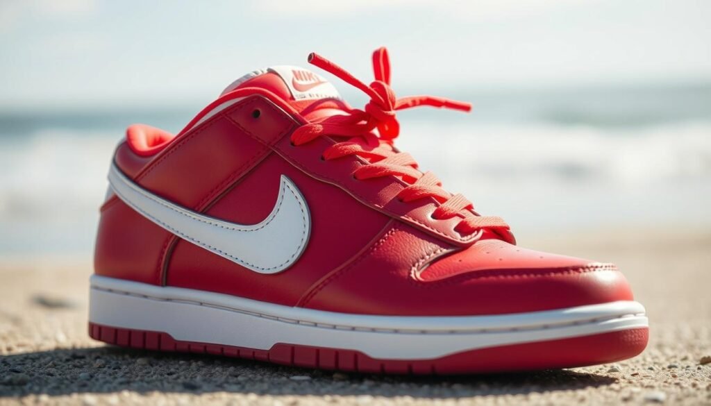 A detailed close-up of a Nike Dunk sneaker, prominently featuring the striking red and white colorway reminiscent of lobster shell hues. The foreground showcases the sneaker's intricate textures, including the smooth leather and vibrant laces, while the background subtly hints at a coastal theme with soft, blurred imagery of a beach and gentle waves, enhancing the connection to the "Red Lobster" inspiration. Use natural lighting to cast soft shadows, emphasizing the shoe's contours and materials. The angle should be slightly from above, capturing the iconic silhouette of the Dunk while maintaining a clean and minimalist aesthetic. The overall mood is energetic and stylish, reflecting the sneaker's cultural significance in modern fashion.