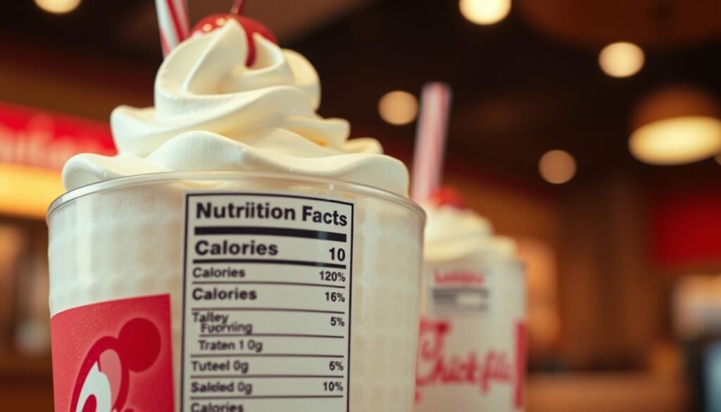 A detailed close-up of a nutrition facts label displayed prominently on a colorful, well-lit Chick-fil-A milkshake. In the foreground, the label showcases clear calorie counts and nutrient breakdowns, surrounded by melted whipped cream and a cherry on top, enticingly placed. The middle layer features a delicious milkshake in its iconic cup, garnished with a straw, with the Chick-fil-A logo visible. The background includes a softly blurred image of a restaurant setting with warm, inviting lighting, enhancing the overall atmosphere of comfort and indulgence. The mood conveys a sense of curiosity and health awareness, emphasizing the balance between enjoyment and nutrition. The scene is captured from a slight overhead angle, simulating a diner’s perspective while maintaining a professional and engaging feel.
