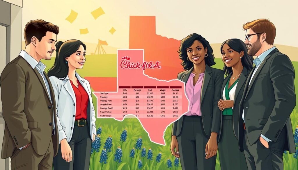 A detailed illustration showcasing the average pay of Chick-fil-A workers in Texas. In the foreground, a professional-looking, diverse group of five individuals dressed in smart casual clothing, representing different roles within Chick-fil-A, engaged in a discussion or reviewing a pay chart. In the middle ground, an illustrated chart or infographic displaying average wages by city in Texas, with visual elements like dollar signs and Texas landmarks subtly integrated into the design. The background features a stylized Texas landscape, complete with the state outline and symbols like bluebonnets or an outline of the Texas flag. Natural light filters in from the top left, creating a warm and inviting atmosphere, emphasizing a sense of community and professionalism. The overall color palette is bright and engaging, focusing on greens and yellows to convey optimism.