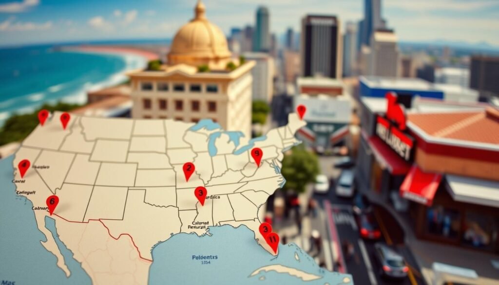 A detailed map showcasing the locations of Red Lobster restaurants across various regions in the United States, with an emphasis on areas marked for closures. In the foreground, include highlighted sections on an illustrative map, depicting closed restaurant locations with red pins. In the middle ground, incorporate a slightly blurred view of a busy city street, hinting at the bustling environment surrounding these restaurants. The background features iconic American landscapes subtly blended in, such as coastal views and urban skylines that represent key locations where closures have occurred. Use soft, natural lighting to create an inviting atmosphere, with a lens perspective that captures depth and context, allowing the viewer to understand the geographical spread of restaurant closures. The overall mood is informative yet reflective, emphasizing the changes in dining landscapes.