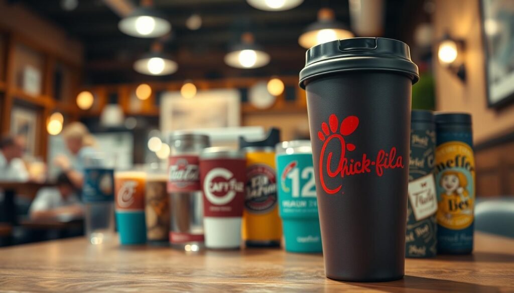 A detailed scene featuring a collectible Chick-fil-A reusable cup, prominently displayed in the foreground. The cup, designed vintage-inspired with the iconic Chick-fil-A logo, should have vibrant colors and an elegant matte finish. In the middle ground, arrange a selection of other collectible tumblers, showcasing varied designs, textures, and sizes. The background can feature a cozy café setting with soft bokeh lighting that creates a warm atmosphere, hinting at patrons enjoying their drinks. The scene should be illuminated with gentle natural light, using a wide-angle lens to capture depth. The overall mood should evoke nostalgia and a sense of community, inviting viewers to appreciate the collectible nature of these cups.