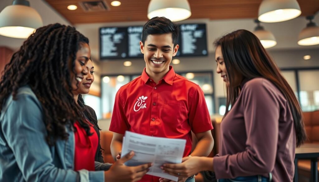 A diverse group of young adults, aged 16 to 22, engaged in a lively discussion inside a modern Chick-fil-A restaurant. In the foreground, two young women, one of African descent and the other of Hispanic descent, are reviewing a job application together, their expressions focused and optimistic. In the middle, a young man, Asian, stands wearing a red Chick-fil-A uniform, explaining hiring criteria to his peers with a friendly smile. The background features the restaurant's distinctive decor, with booths and a menu board subtly blurred for depth. Soft, warm lighting creates an inviting atmosphere reflecting teamwork and aspiration. The angle captures the interaction among the group, emphasizing professionalism and camaraderie.