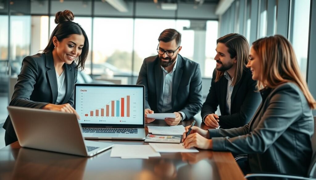 A diverse team of four professionals gathered around a modern conference table, analyzing charts and documents related to job pay and salary structures at Chick-fil-A. In the foreground, a confident woman in business attire points to a rising salary graph on a laptop screen, while a man in a smart casual shirt jots down notes on a notepad. The middle ground features two colleagues engaged in discussion, one with medium-length hair and glasses, the other with short hair, displaying a sense of collaboration. The background shows large windows with natural light pouring in, illuminating the scene, creating a bright and motivating atmosphere. The image captures a professional environment focused on teamwork and salary insights, with attention to detail and engaging expressions.