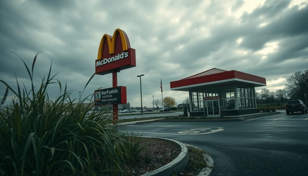 A dramatic scene depicting a McDonald's restaurant in disarray, symbolizing a "franchise fallout." In the foreground, a classic McDonald's sign is partially obscured by overgrown weeds, suggesting neglect. The middle ground features abandoned tables and unkempt landscaping, hinting at a once-bustling establishment now left to decay. The background shows a cloudy sky casting a grayish hue, adding an air of desolation. Soft daylight filters through, creating stark contrasts and illuminating the empty drive-thru lanes. The mood conveys a sense of loss and reflection on corporate responsibility. The angle is slightly elevated, capturing the entirety of the parking lot, emphasizing the emptiness of a once-popular fast-food chain without any human subjects.