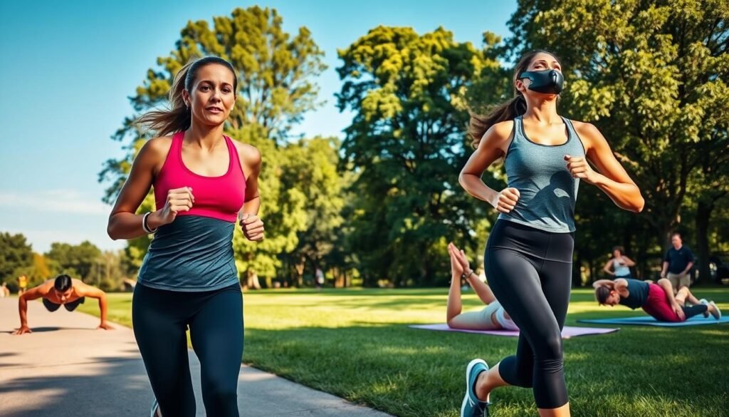 A dynamic fitness scene showcasing a diverse group of people engaged in various exercises outdoors, symbolizing the effort required to burn off 460 calories. In the foreground, a woman in sporty athletic wear is jogging on a pathway, her expression focused and determined. To her left, a man in a comfortable tank top does push-ups on the grass, while a woman nearby performs yoga poses on a mat. In the background, lush trees and a bright blue sky create a vibrant, energizing atmosphere. The lighting is warm and inviting, mimicking a late afternoon sun casting gentle shadows. The image should evoke a sense of motivation and health, capturing the essence of physical activity and calorie burning without any text or additional distractions.