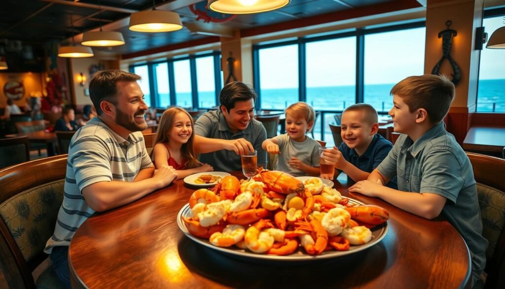 A family of four sitting at a round wooden table in a cozy Red Lobster restaurant. The foreground features a delicious seafood platter, including shrimp, lobster, and crab, beautifully arranged on a large serving dish. In the middle, the family, dressed in casual attire, is smiling and engaged in conversation, with a parent pouring drinks for the children. Soft, warm lighting emanates from overhead fixtures, casting a welcoming glow. The background includes colorful nautical-themed decor and a view of the ocean through large windows, suggesting a comfortable dining atmosphere. The overall mood is joyful and inviting, reflecting a pleasant dining experience at a local seafood restaurant.