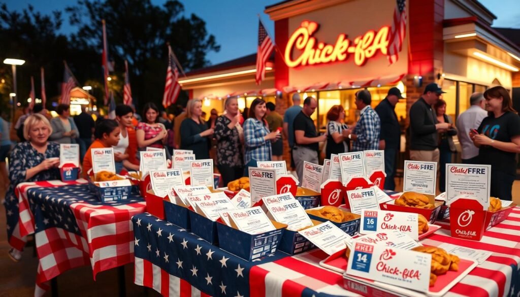 A festive and inviting scene showcasing a Chick-fil-A restaurant decorated for Veterans Day. In the foreground, a table is filled with a variety of free meals and discount vouchers presented on red, white, and blue tablecloths, with an emphasis on delicious chicken sandwiches and sides. The middle ground features diverse customers, including veterans and families, warmly interacting and enjoying their meals, all dressed in casual and respectful attire. The background shows the Chick-fil-A building adorned with flags and patriotic banners, illuminated by soft, warm evening light. The atmosphere is celebratory and respectful, highlighting community togetherness and gratitude. The camera angle is slightly elevated, capturing the joy and vibrancy of the occasion without any text or overlays. A festive and inviting scene showcasing a Chick-fil-A restaurant decorated for Veterans Day. In the foreground, a table is filled with a variety of free meals and discount vouchers presented on red, white, and blue tablecloths, with an emphasis on delicious chicken sandwiches and sides. The middle ground features diverse customers, including veterans and families, warmly interacting and enjoying their meals, all dressed in casual and respectful attire. The background shows the Chick-fil-A building adorned with flags and patriotic banners, illuminated by soft, warm evening light. The atmosphere is celebratory and respectful, highlighting community togetherness and gratitude. The camera angle is slightly elevated, capturing the joy and vibrancy of the occasion without any text or overlays.