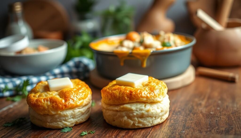 A freshly baked cheddar bay biscuit, golden-brown and flaky, is prominently displayed in the foreground on a rustic wooden table. Melted butter glistens on top, with sprigs of fresh parsley scattered around for added color. In the middle ground, a steaming bowl of chicken pot pie, filled with tender chicken, vegetables, and a creamy sauce, complements the biscuit, evoking a sense of warmth and comfort. The background features a softly lit kitchen setting with subtle hints of soft-focus ingredients like fresh herbs and spices, creating a cozy atmosphere. The lighting is warm and inviting, mimicking the glow of a homey kitchen during dinner time. The angle is slightly overhead, providing a view that captures the delightful contrast between the biscuits and the rich chicken pot pie, emphasizing their appetizing quality.