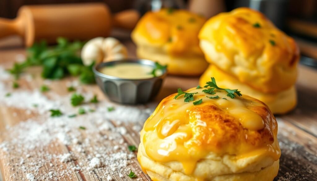 A freshly baked cheddar bay biscuit, golden brown and flaky, is showcased prominently in the foreground. The biscuit is topped with a sprinkle of fresh parsley and a glossy garlic butter glaze that shines under soft, warm lighting. In the middle, a rustic wooden table holds a small dish of creamy garlic sauce for dipping, surrounded by a few scattered herbs for added texture. The background features hints of a cozy kitchen atmosphere, with blurred elements like a rolling pin and flour-dusted surfaces to evoke a sense of home-cooked comfort. The overall mood is inviting and warm, perfect for a comforting meal setting, captured at a slight angle to create depth.