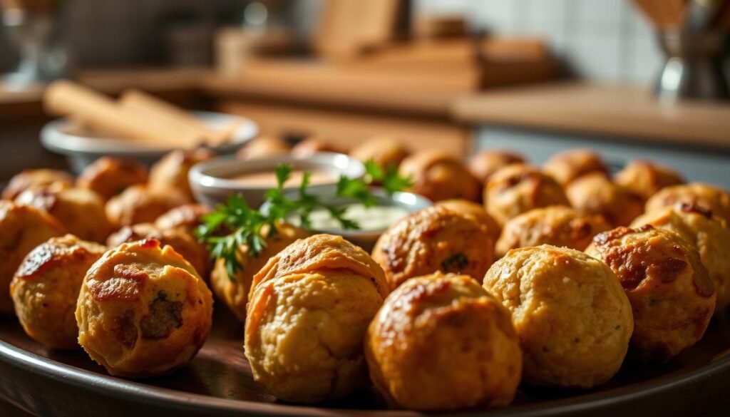 A freshly baked platter of golden-brown sausage balls made with Red Lobster biscuit mix, arranged artfully on a rustic wooden table. In the foreground, the sausage balls are perfectly round and slightly crispy on the outside, showcasing a flaky texture with hints of cheese peeking through. The middle ground features an elegant dish garnished with fresh sprigs of parsley, and a small bowl of dipping sauce. Soft, warm lighting bathes the scene, creating an inviting atmosphere reminiscent of a cozy kitchen. In the background, a blurred, homely kitchen setting can be seen, with hints of baking accessories for a warm and welcoming feel. Emphasize the doneness of the sausage balls, capturing their steamy freshness, making it clear they're ideal for enjoying right out of the oven.
