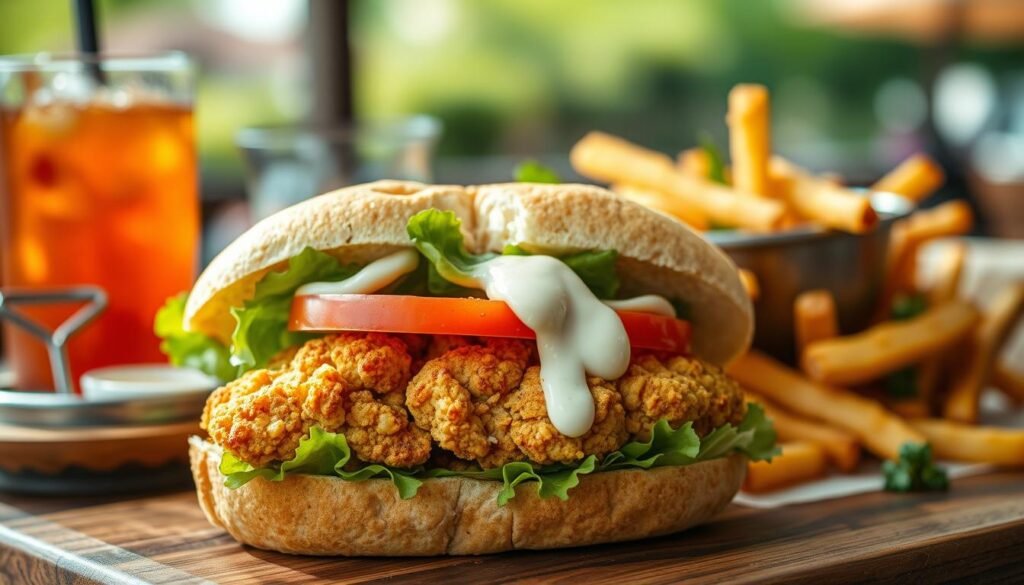 A freshly made cauliflower sandwich, featuring a golden-brown fried cauliflower filet nestled between two soft, toasted whole-grain bun halves. The sandwich is layered with crisp lettuce, juicy tomato slices, and a drizzle of creamy garlic aioli, adding a splash of white and green. In the foreground, the sandwich is slightly tilted to reveal its delicious interior, with a hint of steam rising, indicating warmth. The middle ground showcases a vibrant side of crispy fries with a small bowl of dipping sauce. The background features a blurred outdoor scene, evoking a sunny day at a casual dining setting, with soft, natural lighting accentuating the textures and colors of the food. The overall mood is inviting and appetizing, highlighting the sandwich's fresh ingredients and making it the focus of attention. A freshly made cauliflower sandwich, featuring a golden-brown fried cauliflower filet nestled between two soft, toasted whole-grain bun halves. The sandwich is layered with crisp lettuce, juicy tomato slices, and a drizzle of creamy garlic aioli, adding a splash of white and green. In the foreground, the sandwich is slightly tilted to reveal its delicious interior, with a hint of steam rising, indicating warmth. The middle ground showcases a vibrant side of crispy fries with a small bowl of dipping sauce. The background features a blurred outdoor scene, evoking a sunny day at a casual dining setting, with soft, natural lighting accentuating the textures and colors of the food. The overall mood is inviting and appetizing, highlighting the sandwich's fresh ingredients and making it the focus of attention.