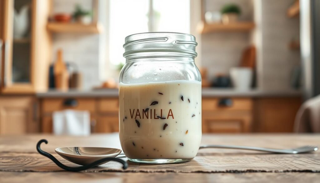 A glass jar filled with creamy vanilla bean flavor sauce, featuring specks of real vanilla beans suspended in the smooth texture. In the foreground, the jar is placed on a rustic wooden table, with a delicate stainless-steel spoon beside it, glistening under soft, natural light. In the middle ground, you can see a background of a blurred kitchen setting, emphasizing a cozy, homely atmosphere with warm wooden cabinets and soft pastel-colored decor. The sunlight gently filters through a nearby window, casting a warm glow that accentuates the inviting nature of the sauce. The mood is indulgent and comforting, perfect for sparking inspiration for dessert customizations.