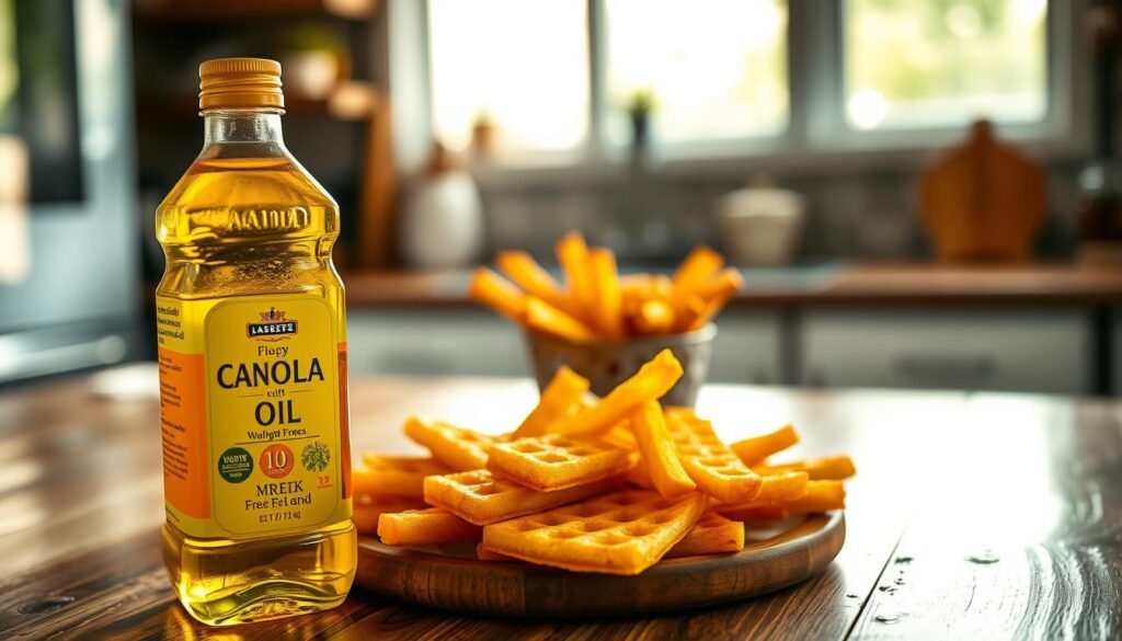 A high-quality image showcasing a bottle of canola oil placed prominently in the foreground, with a serving of crispy waffle fries styled elegantly on a rustic wooden table in the middle ground. The fries should glisten with oil, highlighting their irresistible texture. In the background, a soft-focus kitchen setting can be seen, emphasizing a warm, inviting atmosphere with natural light streaming in from a window, casting gentle shadows. The image should be shot from a slight angle, using a macro lens to capture the details of the oil bottle, which is elegantly designed. The mood should be cozy and appetizing, evoking the idea of home-cooked meals and delicious comfort food, encapsulating the essence of healthy frying options in a casual dining context.