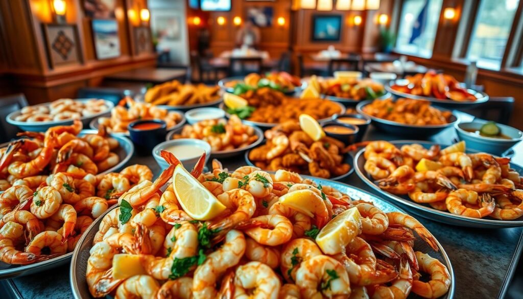A lavish spread of endless shrimp showcased on an elegantly arranged table, with diverse shrimp dishes including grilled, fried, and garlic butter shrimp, all glistening under soft, warm lighting. In the foreground, a large, colorful platter overflowing with perfectly cooked shrimp is garnished with fresh herbs and lemon wedges. The middle ground features additional shrimp dishes, each artfully presented with vibrant sauces and sides. In the background, a cozy, inviting nautical-themed restaurant ambiance with wood accents and ocean-inspired decor adds depth, creating a warm and appetizing atmosphere. The angle is slightly overhead, capturing the abundance and variety of the shrimp feast, eliciting a sense of indulgence and satisfaction.