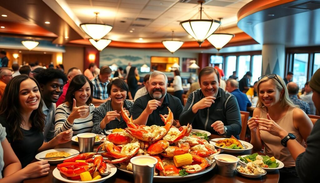 A lively casual dining scene at Red Lobster, featuring a beautifully arranged table with an overflowing platter of succulent crab legs, drawn butter, and vibrant sides like corn on the cob and garden salad. In the foreground, a diverse group of diners, dressed in comfortable yet stylish casual clothing, eagerly enjoying the feast, their faces filled with joy and satisfaction. In the middle ground, attentive servers skillfully navigating the bustling restaurant, showcasing the lively atmosphere with soft overhead lighting creating a warm glow. The background features nautical decor, with hints of ocean colors and textures, enhancing the dining experience. The mood is inviting and communal, reflecting the essence of casual dining and the unique allure of "all-you-can-eat" seafood indulgence. The image captures the sense of community and enjoyment in a bustling restaurant environment.