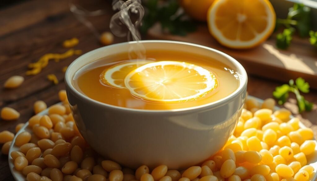 A luxurious bowl of golden butter broth infused with bright lemon slices sits prominently in the foreground, reflecting the rich, silky texture of the broth. Delicate wisps of steam rise from the surface, capturing the warmth and inviting aroma. Surrounding the bowl are small, glossy orzo pasta grains, perfectly cooked and nestled within the broth, showcasing their smooth and tender form. In the background, a rustic wooden table softly fades into focus, with a hint of fresh parsley and lemon zest scattered artfully, adding a burst of color. Natural sunlight bathes the scene, highlighting the broth’s glistening surface and creating gentle shadows that enhance the inviting atmosphere. The composition is inviting and warm, evoking a sense of comfort and culinary delight. A luxurious bowl of golden butter broth infused with bright lemon slices sits prominently in the foreground, reflecting the rich, silky texture of the broth. Delicate wisps of steam rise from the surface, capturing the warmth and inviting aroma. Surrounding the bowl are small, glossy orzo pasta grains, perfectly cooked and nestled within the broth, showcasing their smooth and tender form. In the background, a rustic wooden table softly fades into focus, with a hint of fresh parsley and lemon zest scattered artfully, adding a burst of color. Natural sunlight bathes the scene, highlighting the broth’s glistening surface and creating gentle shadows that enhance the inviting atmosphere. The composition is inviting and warm, evoking a sense of comfort and culinary delight.